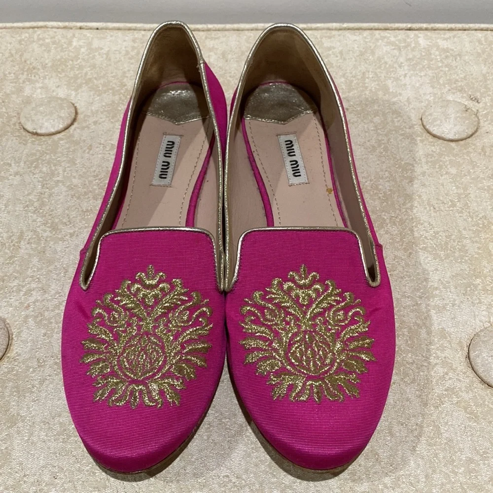 Miu Miu Pink Satin Embroidered Loafers SIZE 38.5